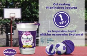 Dinar od svake prodate čaše Milk House planinskog jogurta ide za kupovinu lopti osnovnim školama Dinar od svake prodate čaše Milk House planinskog jogurta