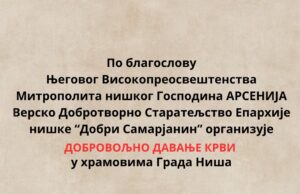 Eparhija niška organizuje akcije dobrovoljnog davanja krvi u tri hrama Dobrovoljno davanje krvi