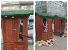 Oštećene drvene kućice za prodaju ručno izrađenih rukotvorina kod Kalče Kućice za prodaju domaćih proizvota zanatlija kod Kalče