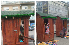 Oštećene drvene kućice za prodaju ručno izrađenih rukotvorina kod Kalče Kućice za prodaju domaćih proizvota zanatlija kod Kalče