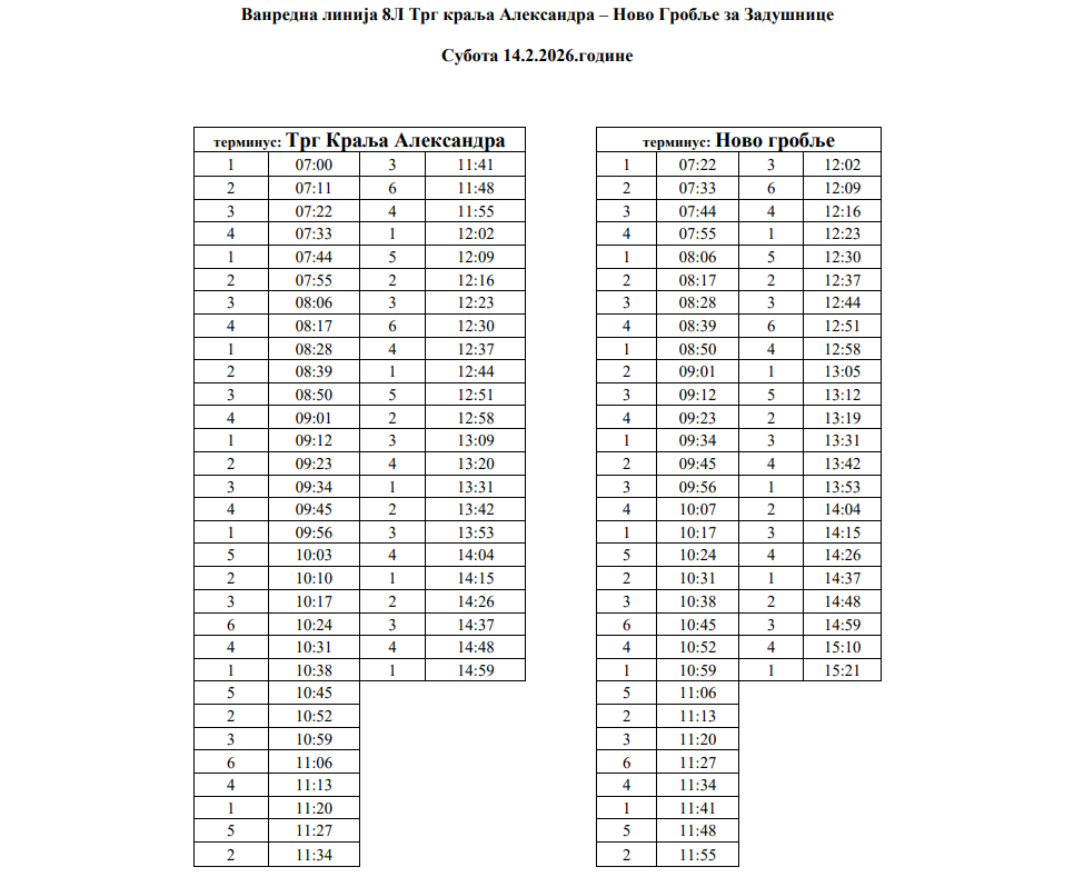 Subota - zadušnice red vožnje